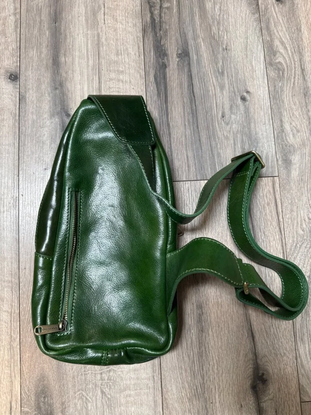 Florence Moon Green Leather Backpack Purse With Plaid Lining & Multiple Compartm
